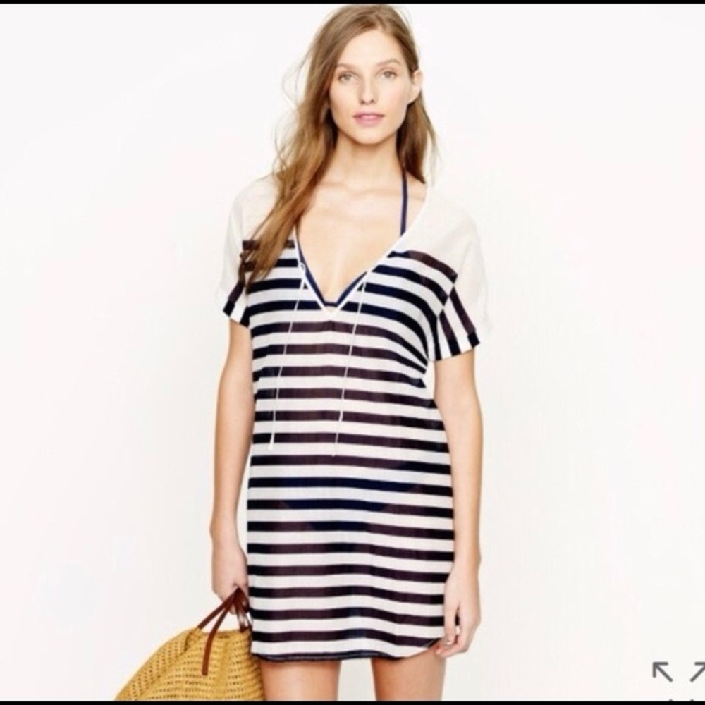 J. Crew Navy & White Striped V-Neck Swim Coverup